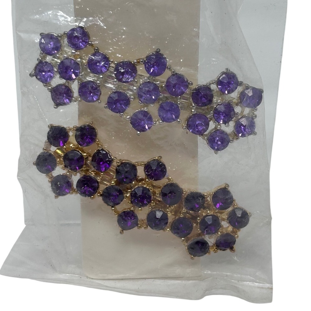 Purple Rhinestone Hair Barrette Set Silver and Gold Tone Crystal Clips 2pc